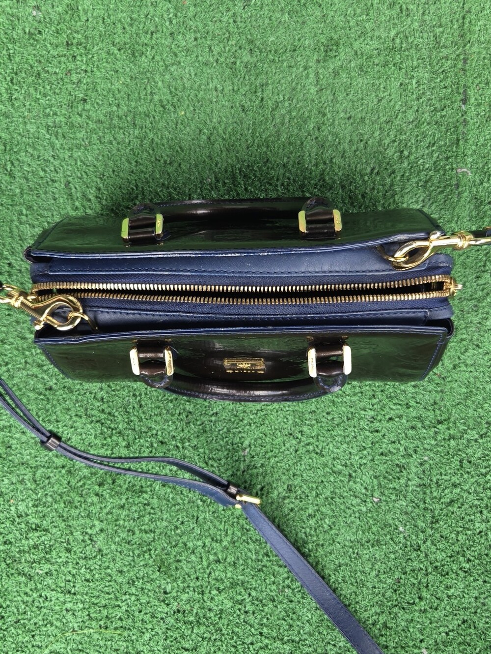 MCM Mini Olive Green & Blue Patent Leather Top-Handle Mini Crossbody - Picture 4 of 16